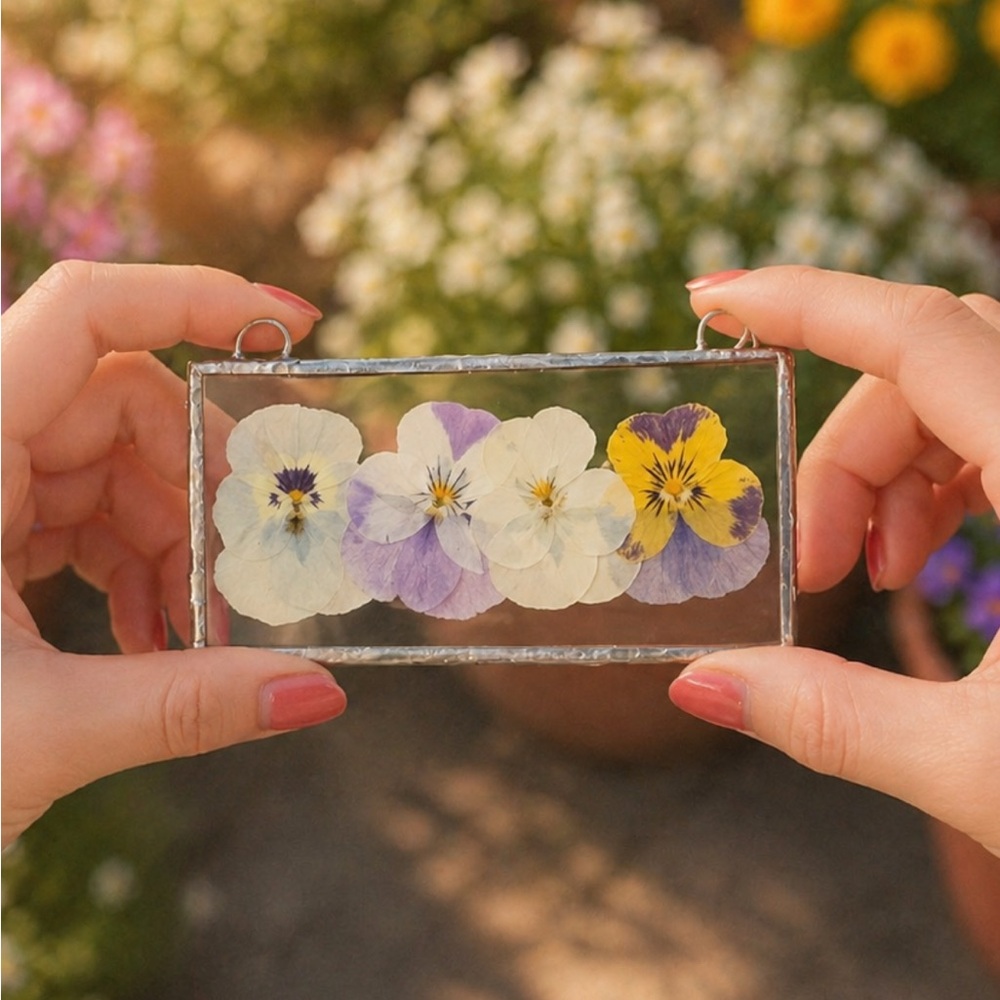 Pressed Pansy Glass Suncatcher - Purple, Yellow, White
